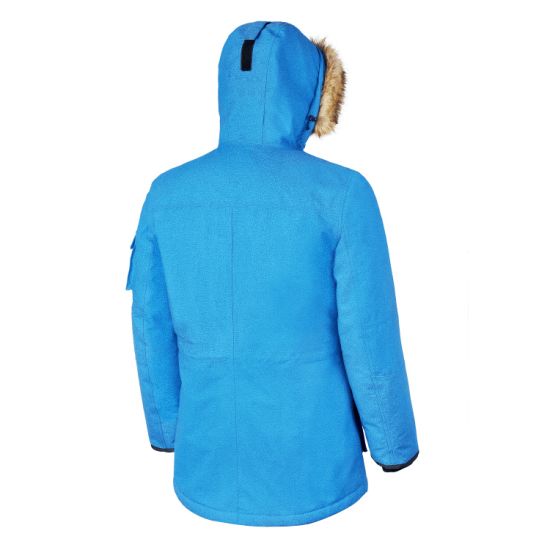 Men′s Hoodie with Fake Fur Padded Blue Waterproof Multi Functional Pocket Jacket